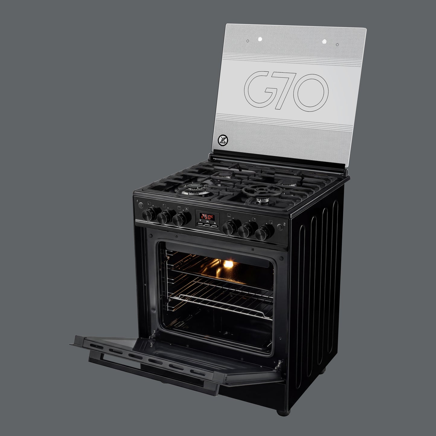 G70 Gas Cooker Black with Italian SABAF Burners & Full Safety